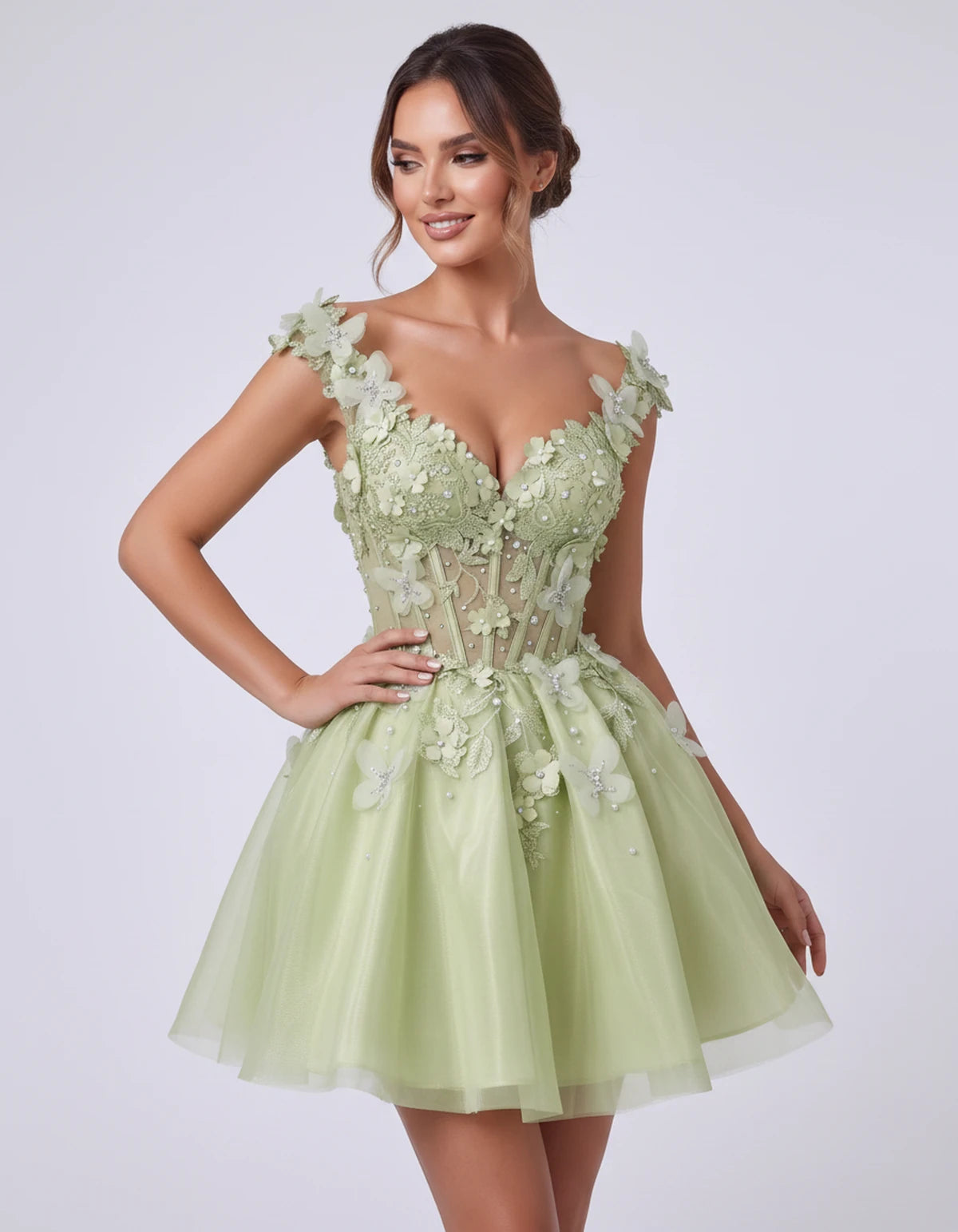 Emeraude Mini Dress — Sage | SKU: RB-d76444-sage-2,RB-d76444-sage-4,RB-d76444-sage-6,RB-d76444-sage-8,RB-d76444-sage-10,RB-d76444-sage-12,RB-d76444-sage-14,RB-d76444-sage-14W,RB-d76444-sage-16,RB-d76444-sage-16W,RB-d76444-sage-18W,RB-d76444-sage-20W
