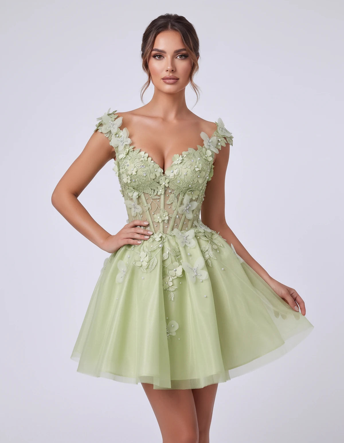 Emeraude Mini Dress — Sage | SKU: RB-d76444-sage-2,RB-d76444-sage-4,RB-d76444-sage-6,RB-d76444-sage-8,RB-d76444-sage-10,RB-d76444-sage-12,RB-d76444-sage-14,RB-d76444-sage-14W,RB-d76444-sage-16,RB-d76444-sage-16W,RB-d76444-sage-18W,RB-d76444-sage-20W