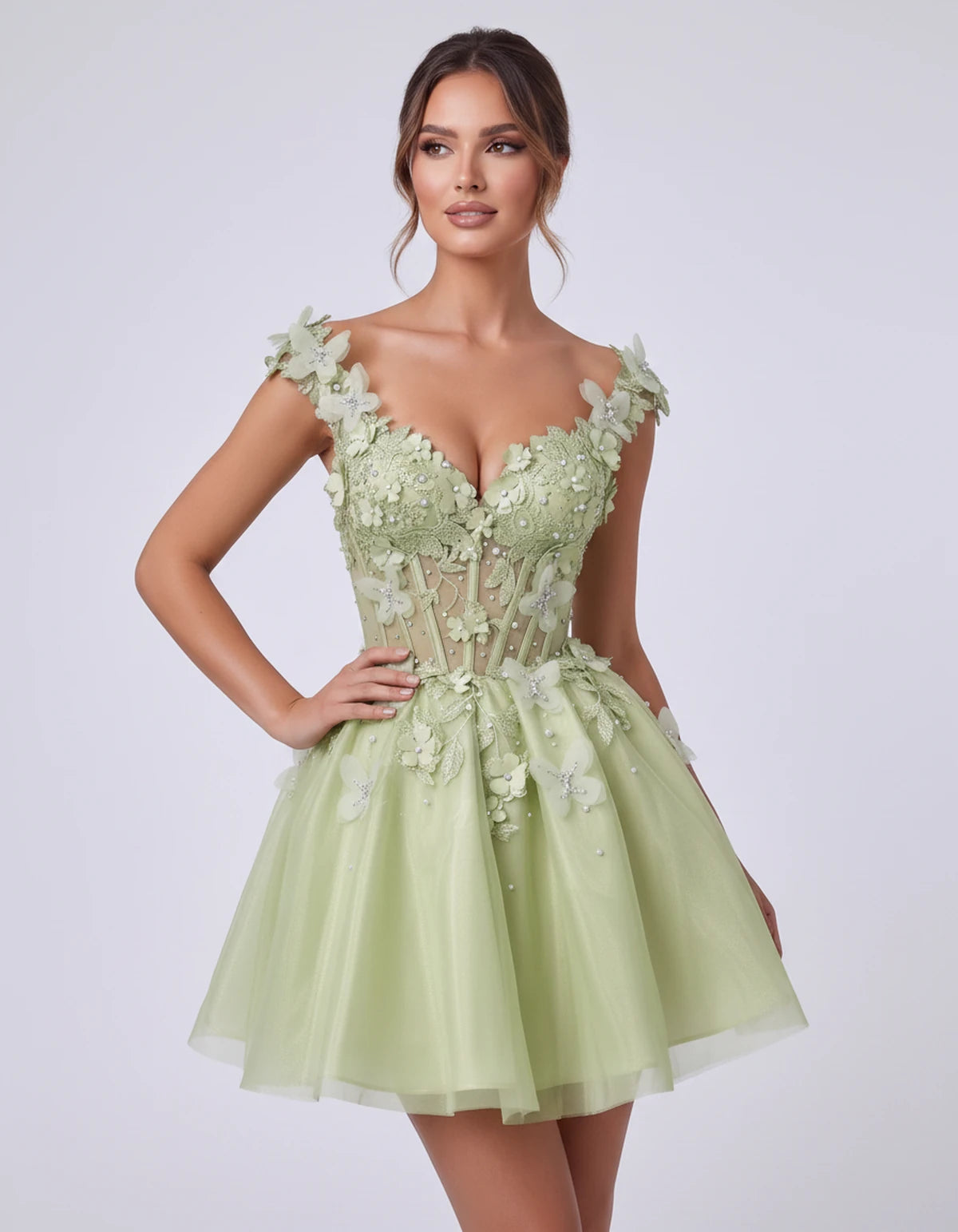 Emeraude Mini Dress — Sage | SKU: RB-d76444-sage-2,RB-d76444-sage-4,RB-d76444-sage-6,RB-d76444-sage-8,RB-d76444-sage-10,RB-d76444-sage-12,RB-d76444-sage-14,RB-d76444-sage-14W,RB-d76444-sage-16,RB-d76444-sage-16W,RB-d76444-sage-18W,RB-d76444-sage-20W