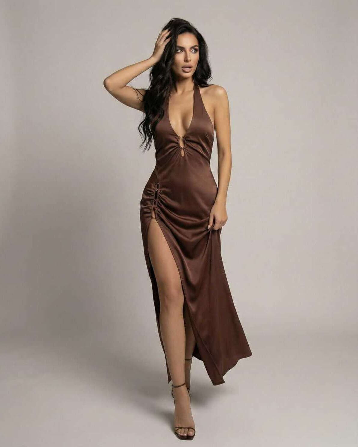 Emre Maxi Dress with a square neck, brown satin, flowing design, luxurious feel, perfect for elegant occasions by RAMBLION.