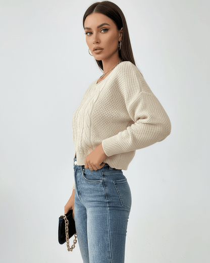 Ena Sweater featuring cable knit design, warm beige color, perfect for casual outings, by RAMBLION.