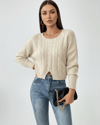 Ena Sweater by RAMBLION in beige, featuring a cable knit design, cropped silhouette, perfect for casual outings.