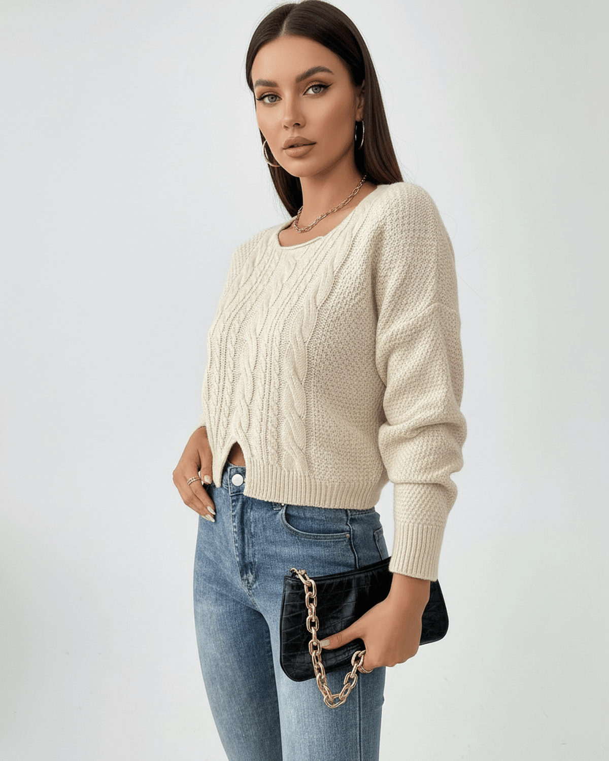 Ena Sweater in beige cable knit, cropped style for modern looks, perfect for casual outings by RAMBLION.