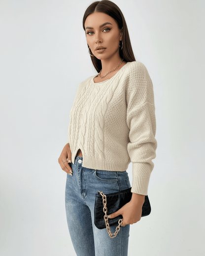 Ena Sweater in beige cable knit, cropped style for modern looks, perfect for casual outings by RAMBLION.