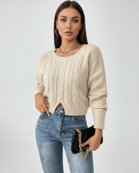 Ena Sweater by RAMBLION in beige, featuring a cable knit design, perfect for elevating casual outfits.