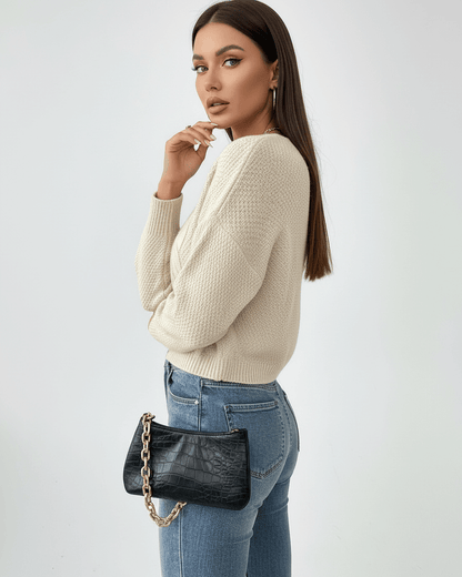 Ena Sweater by RAMBLION, beige cable knit, cropped silhouette, perfect for casual outings or stylish everyday looks.