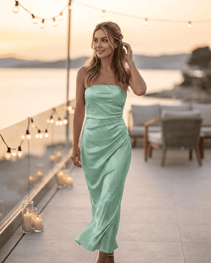 Enya Maxi Dress: Elegant mint-green, strapless, ankle-length satin dress perfect for summer occasions by RAMBLION.