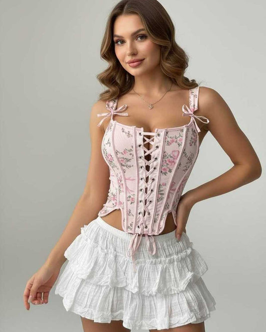 Enora Corset Top with floral lace pattern, structured silhouette for elegance, perfect for special occasions, from RAMBLION.