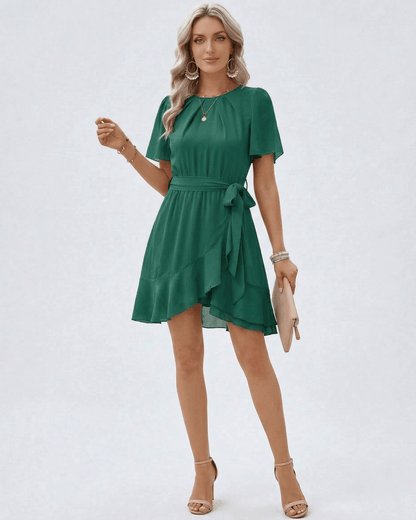 Enora Mini Dress - Green satin dress with flutter sleeves, vibrant style for special occasions, by RAMBLION.