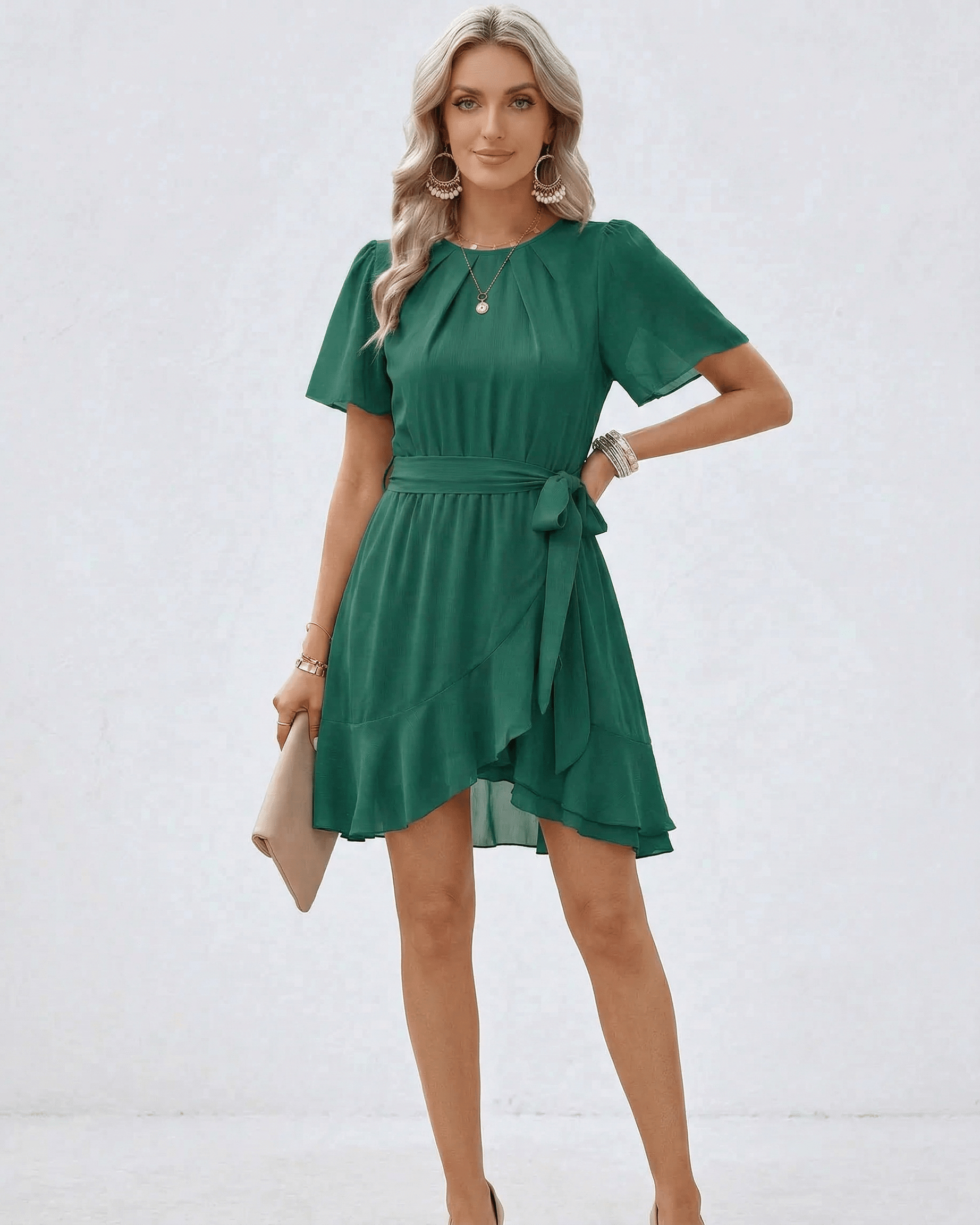 Enora Mini Dress by RAMBLION, green satin mini dress with flutter sleeves, ideal for elegant occasions.
