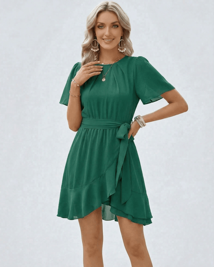 Enora Mini Dress - Green polyester satin, round neck, flutter sleeves, elegant for special occasions, by RAMBLION.