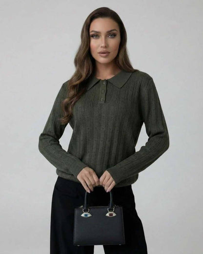 Enora Sweater by RAMBLION, olive green, long sleeve, lapel collar, perfect for fall, stylish and comfortable.