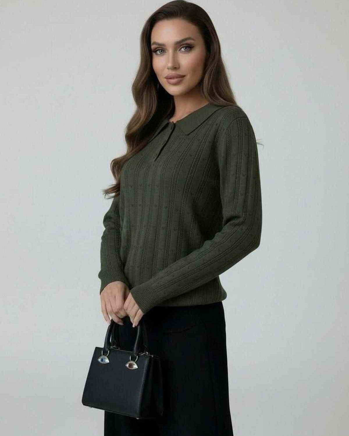 Enora Sweater by RAMBLION in olive green, featuring a lapel collar and vertical knit design, ideal for fall and winter smart casual wear.