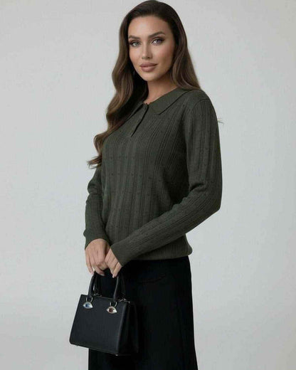 Enora Sweater by RAMBLION in olive green, featuring a lapel collar and vertical knit design, ideal for fall and winter smart casual wear.