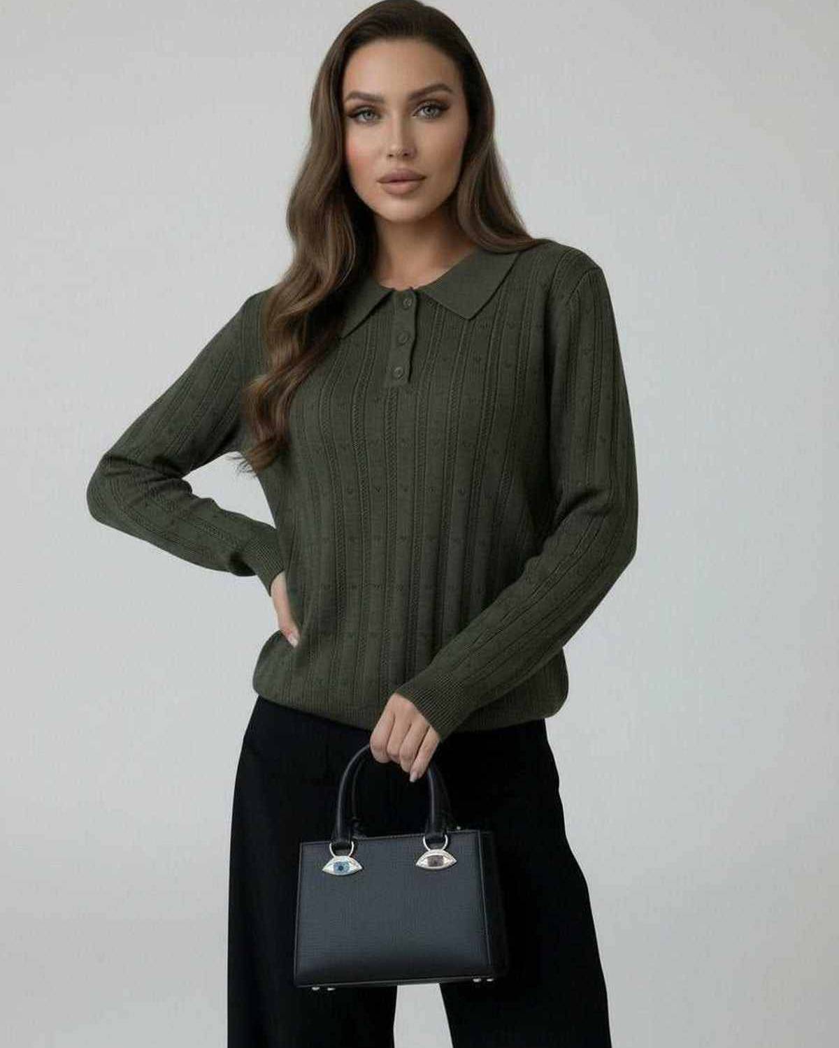 Enora Sweater by RAMBLION, olive green, long sleeve, lapel collar, stylish fall piece, perfect for sophisticated outfits.