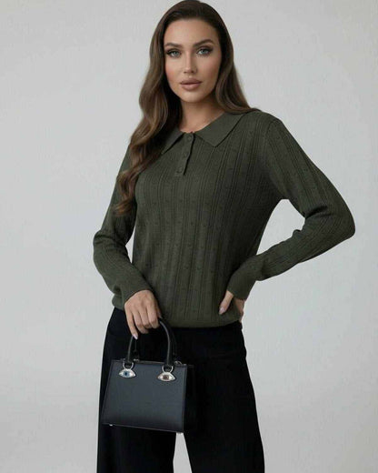 Enora Sweater by RAMBLION in olive green, featuring a lapel collar and vertical knit design, perfect for fall and winter occasions.