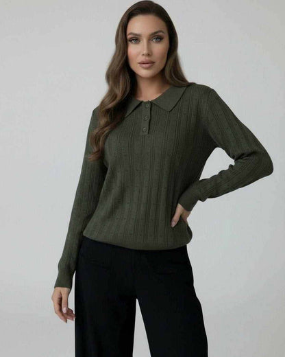 Enora Sweater by RAMBLION, olive green, long sleeve, breathable comfort, perfect for fall and winter, chic knit design.