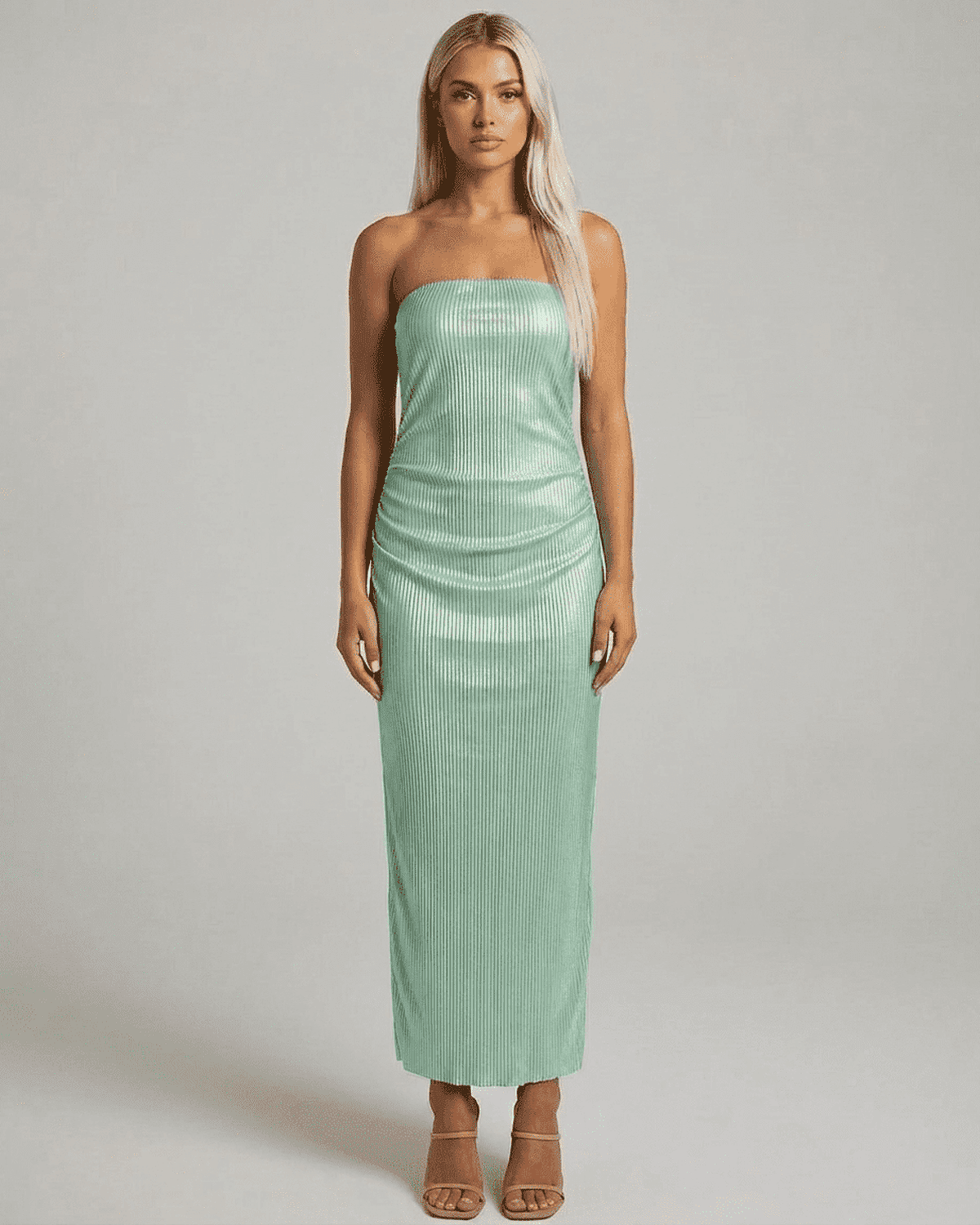 Enya Maxi Dress in mint green, strapless, elegant fit, perfect for summer occasions, by RAMBLION.