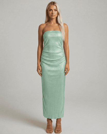 Enya Maxi Dress in mint green, strapless, elegant fit, perfect for summer occasions, by RAMBLION.
