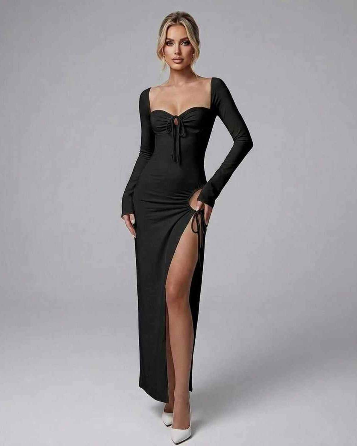 Erin Maxi Dress by RAMBLION, black satin ankle-length dress with square neck, ruched bust, and elegant slit for evening occasions.