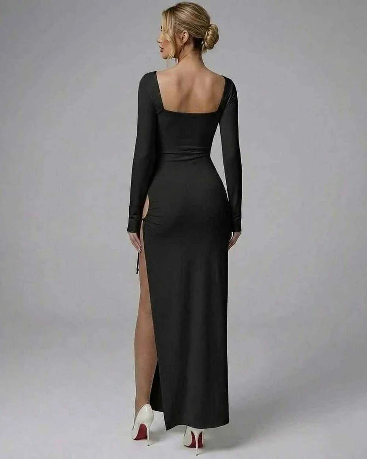 Black Satin Bodycon Square Neck Long Sleeve Maxi Dress | Black-Tie Events, Cocktail Hour & Daily Wear, back view | Ramblion | SKU: CMD-398274615-black-L-4129,CMD-398274615-black-M-8605,CMD-398274615-black-S-9653,CMD-398274615-black-XL-5415,CMD-398274615-black-XS-8813