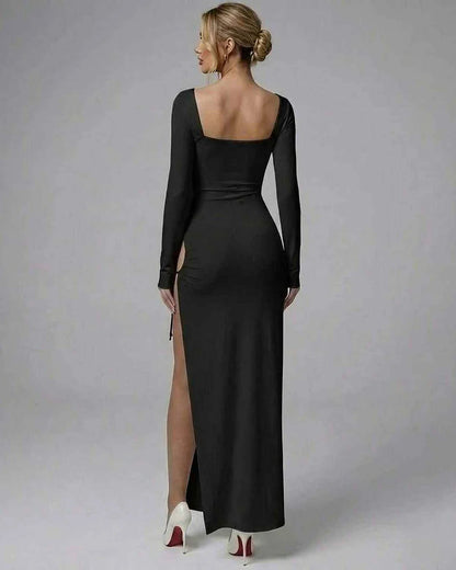 Black Satin Bodycon Square Neck Long Sleeve Maxi Dress | Black-Tie Events, Cocktail Hour & Daily Wear, back view | Ramblion | SKU: CMD-398274615-black-L-4129,CMD-398274615-black-M-8605,CMD-398274615-black-S-9653,CMD-398274615-black-XL-5415,CMD-398274615-black-XS-8813