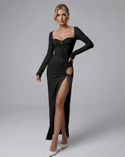 Black Satin Bodycon Square Neck Long Sleeve Maxi Dress | Black-Tie Events, Cocktail Hour & Daily Wear, front view | Ramblion | SKU: CMD-398274615-black-L-4129,CMD-398274615-black-M-8605,CMD-398274615-black-S-9653,CMD-398274615-black-XL-5415,CMD-398274615-black-XS-8813