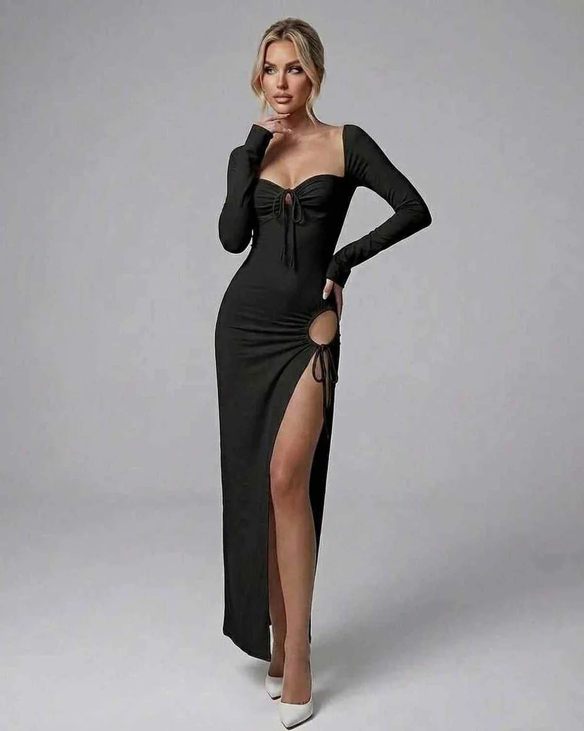 Black Satin Bodycon Square Neck Long Sleeve Maxi Dress | Black-Tie Events, Cocktail Hour & Daily Wear, front view | Ramblion | SKU: CMD-398274615-black-L-4129,CMD-398274615-black-M-8605,CMD-398274615-black-S-9653,CMD-398274615-black-XL-5415,CMD-398274615-black-XS-8813