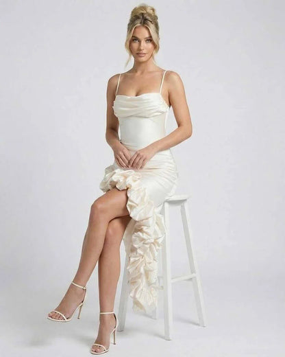 Ivory Satin A-line Round Neck Sleeveless Midi Dress | Gala Nights, Night Out & Guest of Wedding, front view | Ramblion | SKU: EMD-483920174-ivory-L-7299,EMD-483920174-ivory-M-8819,EMD-483920174-ivory-S-4567,EMD-483920174-ivory-XL-9792,EMD-483920174-ivory-XS-3659