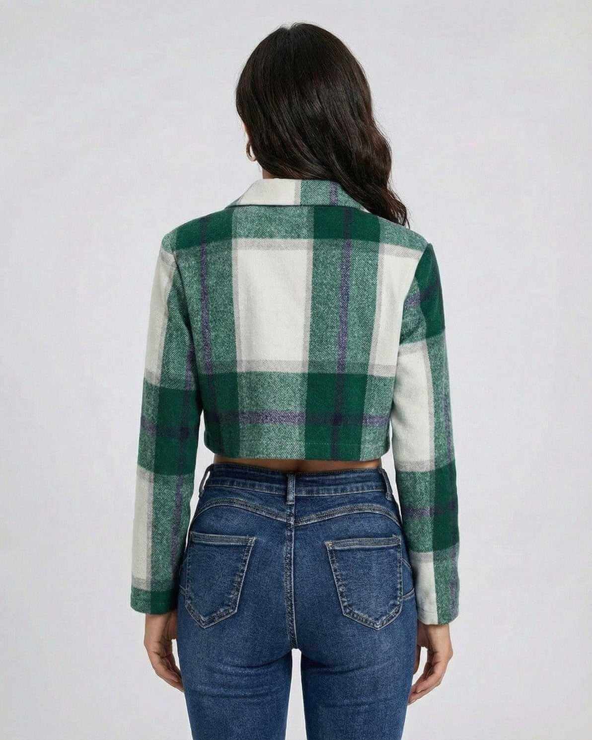 Eva Jacket by RAMBLION, featuring a green plaid pattern, cropped fit, perfect for casual occasions.