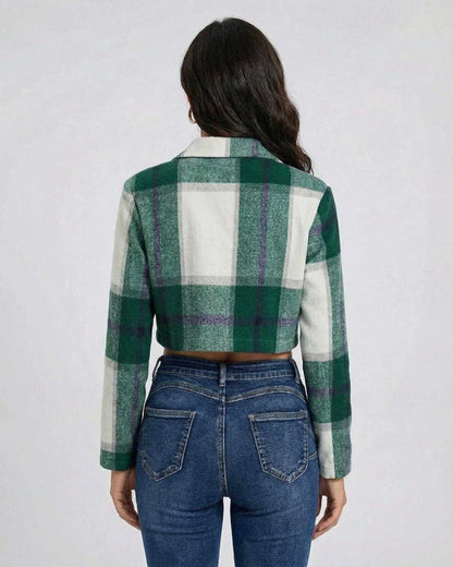 Eva Jacket by RAMBLION, featuring a green plaid pattern, cropped fit, perfect for casual occasions.