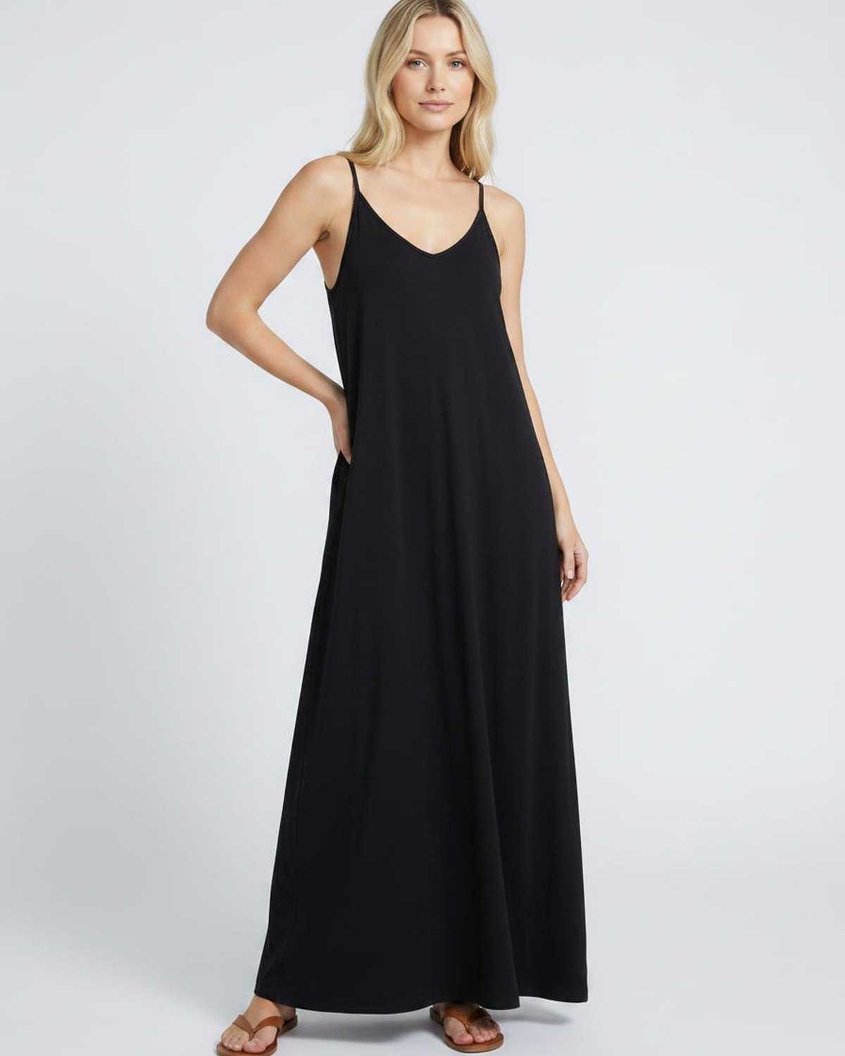 Ramblion Eva maxi dress — v-neck neckline · fabric close-up · styled for prom season