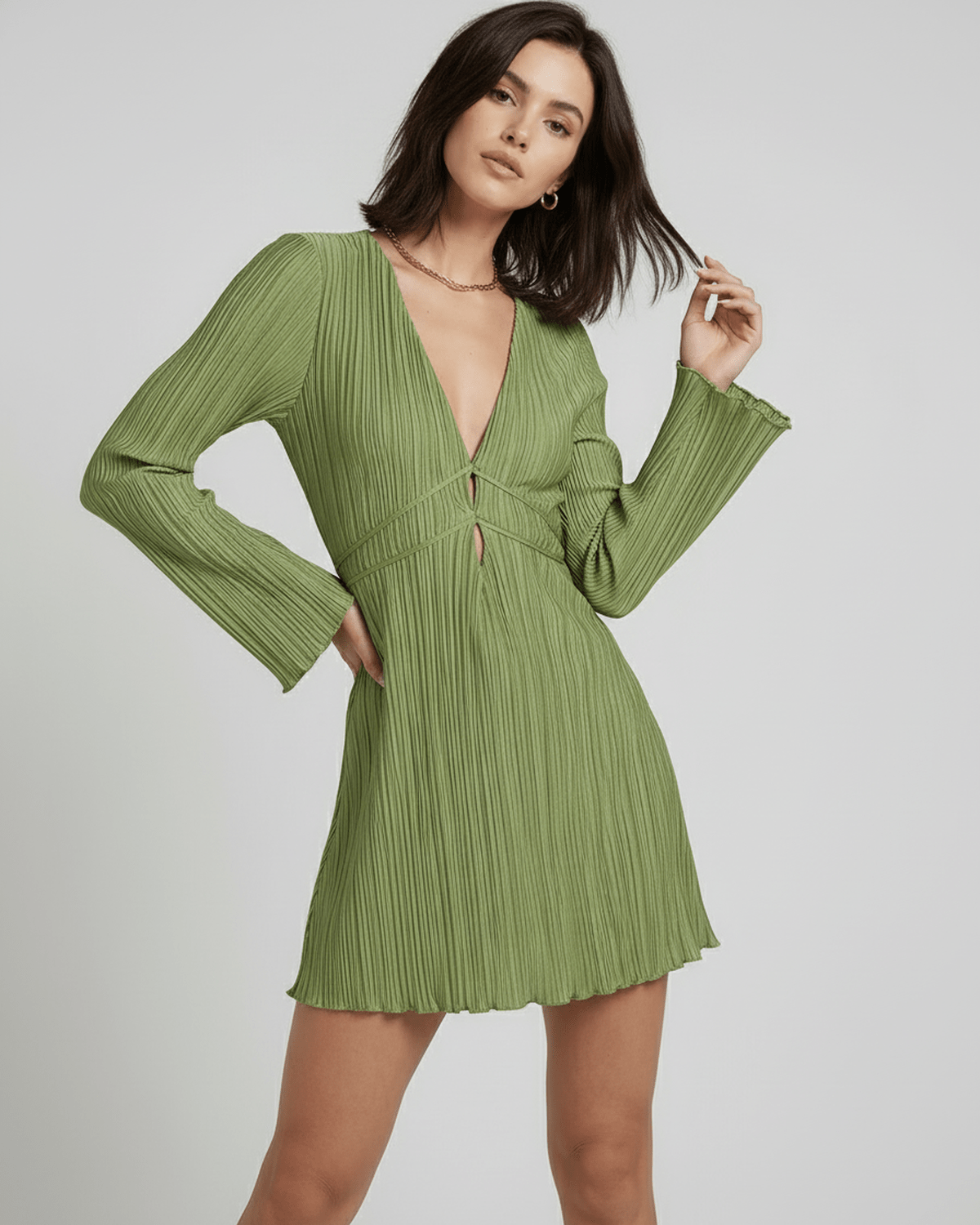 Eva Mini Dress in green, V Neck, pleated design, perfect for elegant occasions, by RAMBLION.