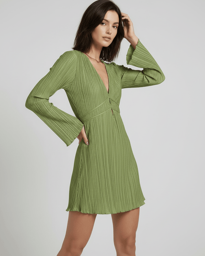 Eva Mini Dress in green, V neck, pleated design, perfect for elegant occasions by RAMBLION.