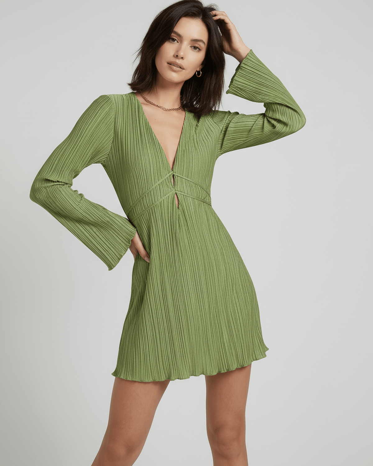 Eva Mini Dress in green, 100% cotton, V-neck, refined silhouette perfect for elegant occasions by RAMBLION.