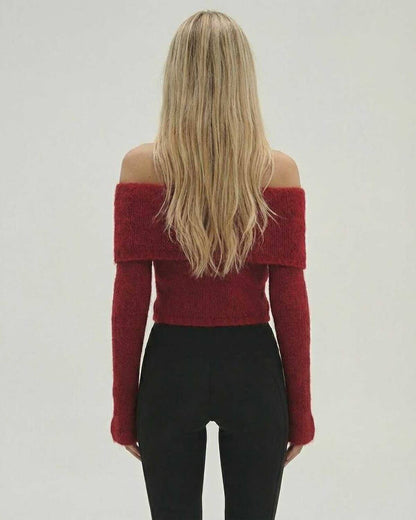 Eva Pullover in red, off the shoulder style, cozy fit for fall, perfect for any occasion, by RAMBLION.