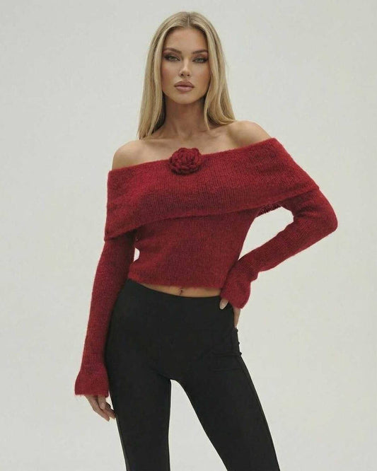 Eva Pullover by RAMBLION, vibrant red off-shoulder mini dress, cozy fit, perfect for fall and winter occasions.