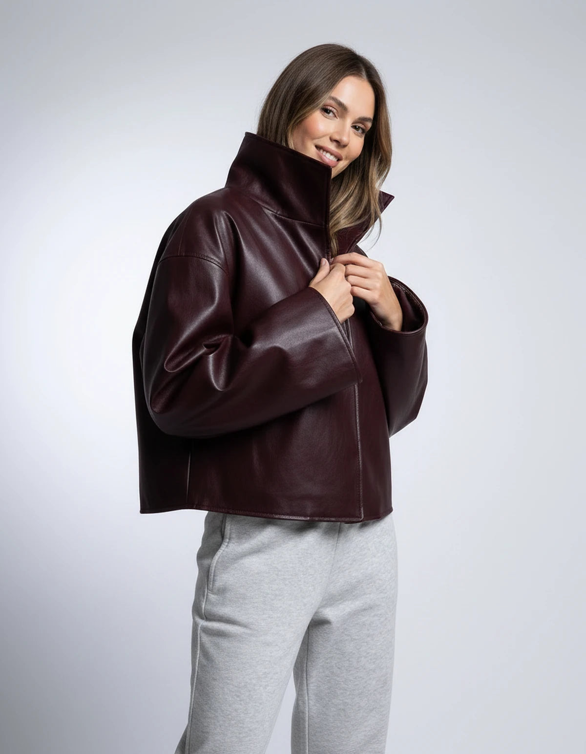 Evadne Jackets — Burgundy red brown | SKU: RB-d450cf-burguna7-XS,RB-d450cf-burguna7-S,RB-d450cf-burguna7-M,RB-d450cf-burguna7-L