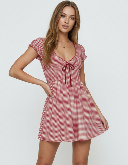 Evie Mini Dress by RAMBLION, red checkered cotton design, relaxed silhouette, youthful charm perfect for outings.