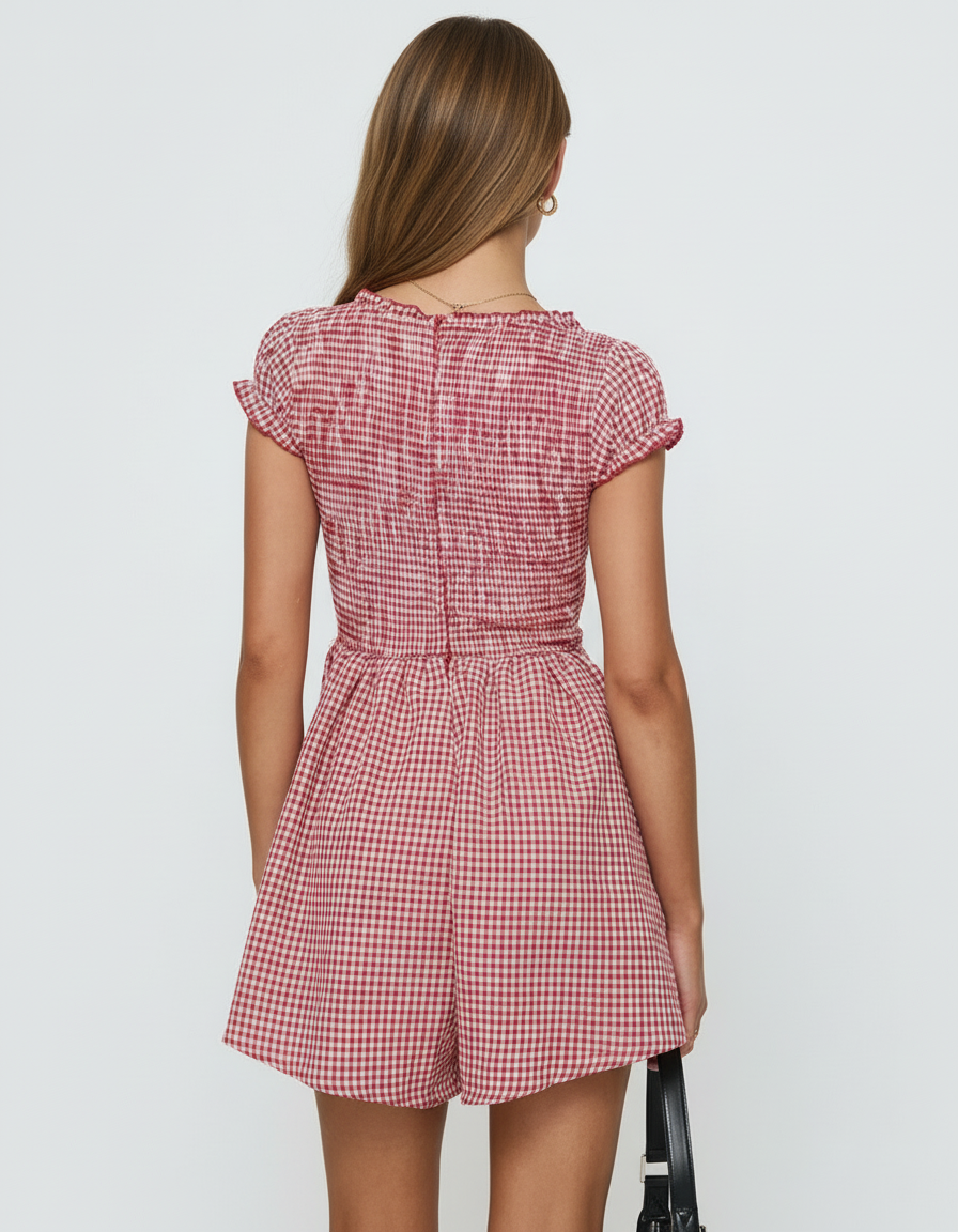 Evie Mini Dress back view, red checkered design, 100% cotton, relaxed fit, perfect for youthful occasions by RAMBLION.