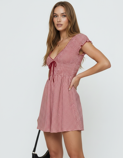 Evie Mini Dress, vibrant red checkered pattern, 100% cotton, relaxed silhouette, perfect for casual occasions, by RAMBLION.