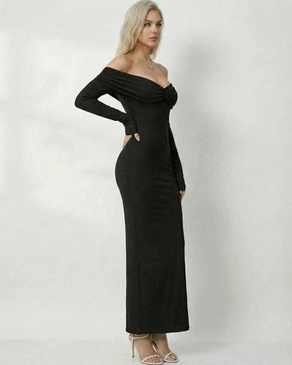 Favignana Maxi Dress in black, off-shoulder design, elegant fit for formal occasions, by RAMBLION.