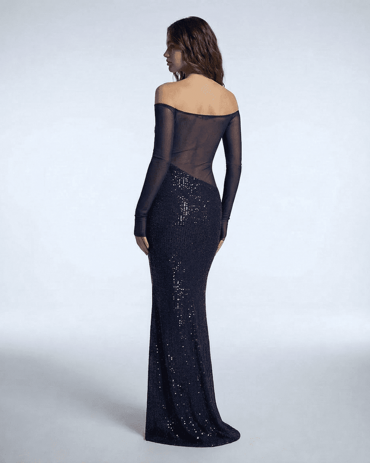 Faye Maxi Dress featuring off-shoulder design, sequin overlay, elegant silhouette, perfect for evening events by RAMBLION.