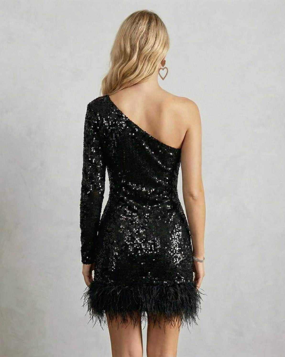 Fern Mini Dress by RAMBLION, black sequined one-shoulder design, perfect for evening events, chic and striking.