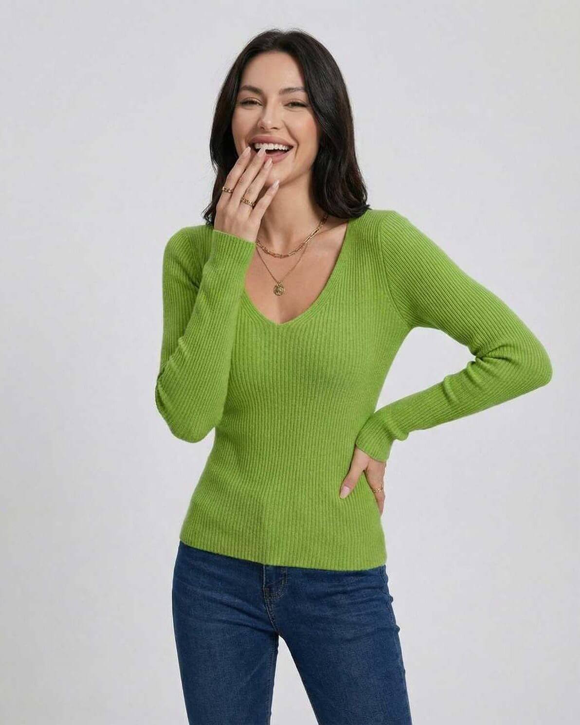 Fern Pullover in vibrant green, V-neck design, soft acrylic knit, perfect for casual outings, by RAMBLION.