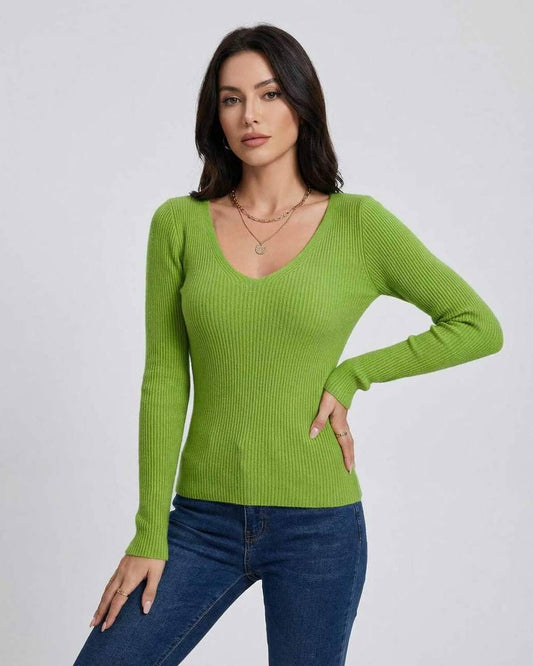Fern Pullover by RAMBLION, green V-neck knit sweater, soft texture, perfect for casual occasions.