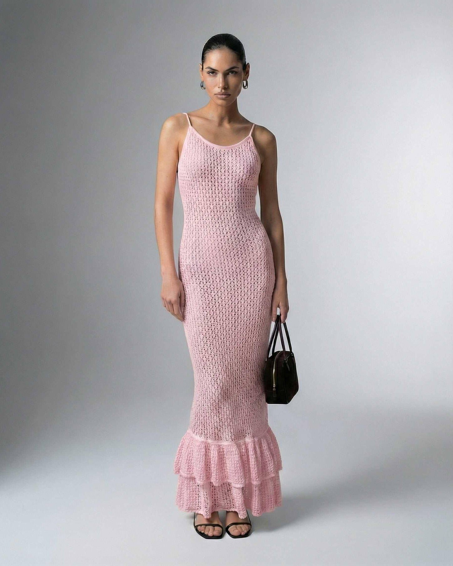 Fes Maxi Dress - Pink ankle-length satin dress with hollow out knit, elegant and sophisticated for formal occasions by RAMBLION.