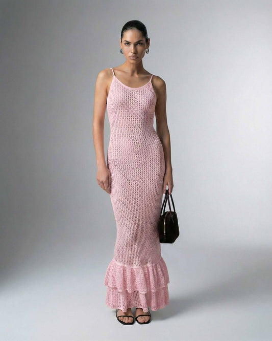 Fes Maxi Dress - Pink ankle-length satin dress with hollow out knit, elegant and sophisticated for formal occasions by RAMBLION.