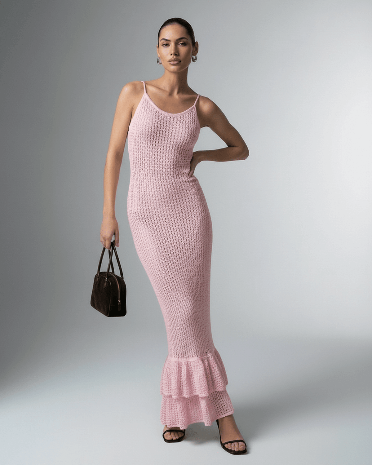 Fes Maxi Dress in pink satin, elegant ankle-length styling with hollow out knit detailing by RAMBLION, perfect for special occasions.