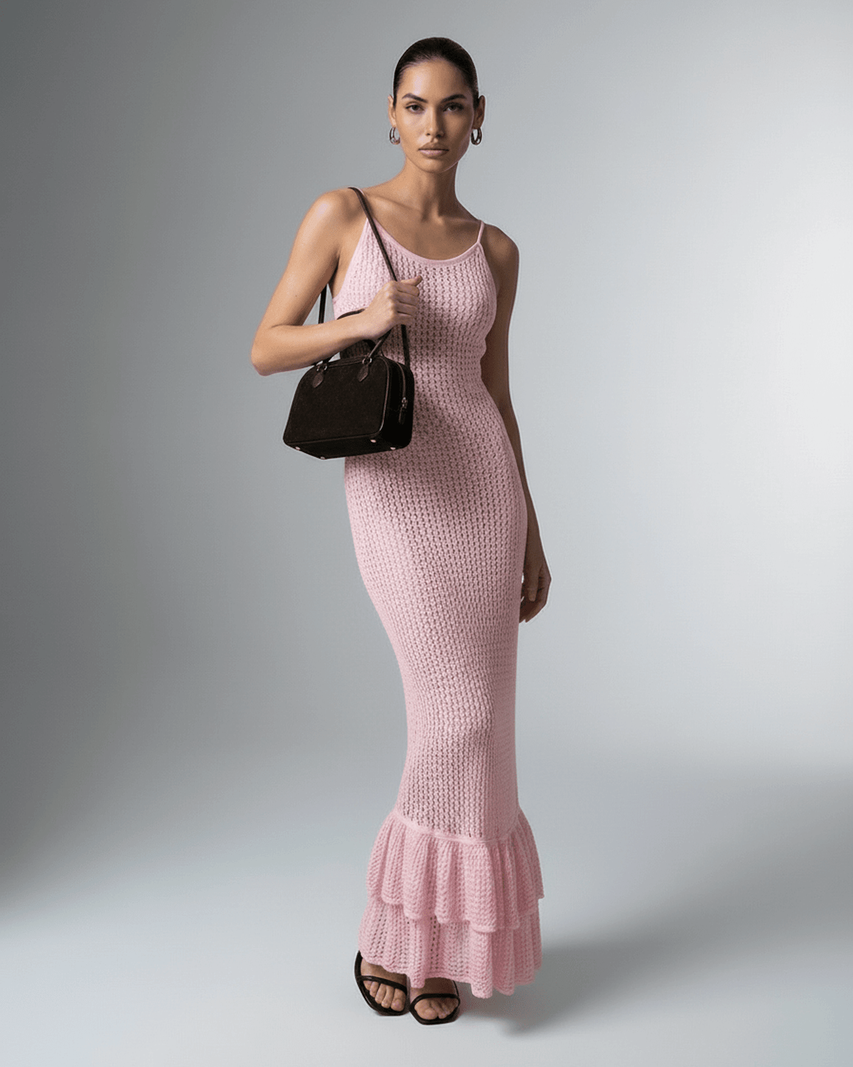 Fes Maxi Dress by RAMBLION in pink, ankle-length with unique hollow out knit detailing for elegant occasions.